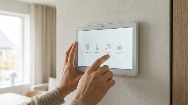 Modern smart home control panel being operated by a person, showcasing various functions like lighting, climate, audio, and security in a contemporary living space