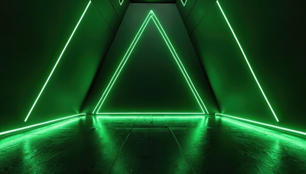 Dark futuristic interior with green neon lights. Empty room has geometric triangle shape for product presentation. Abstract cyber tunnel corridor with floor reflection, modern sci fi background.