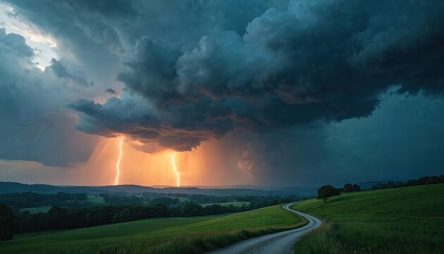 Dramatic lightning storm illuminates green countryside landscape. Dark clouds billow across sky. Bright lightning strikes distant hills, heavy rain falls. Winding dirt road leads through fields at - Powered by Adobe