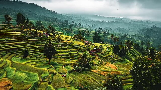 Experience stunning Bali rice terraces flowing down lush hillsides into misty valleys, a vibrant travel destination with rich agricultural heritage