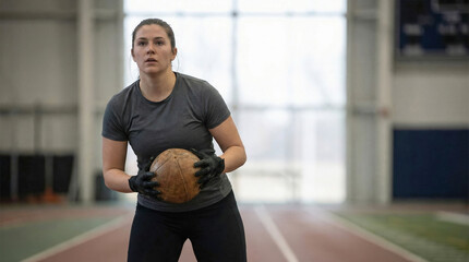Female athlete preparing to throw a basketball in an indoor sports facility, showcasing focus and determination in a training environment with a track in the background