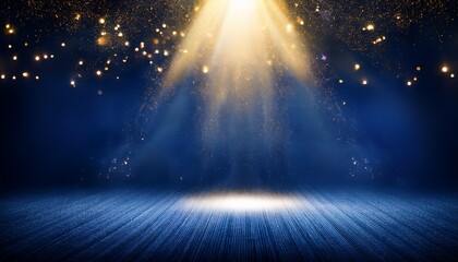 Magical Golden Spotlight On Dark Blue Stage With Falling Sparkles