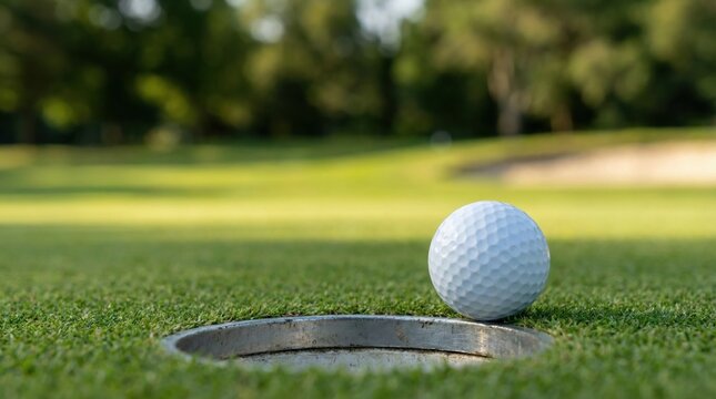 Golf ball positioned near the hole on a lush green putting green, showcasing the excitement of the game and the anticipation of a successful putt in a serene outdoor setting