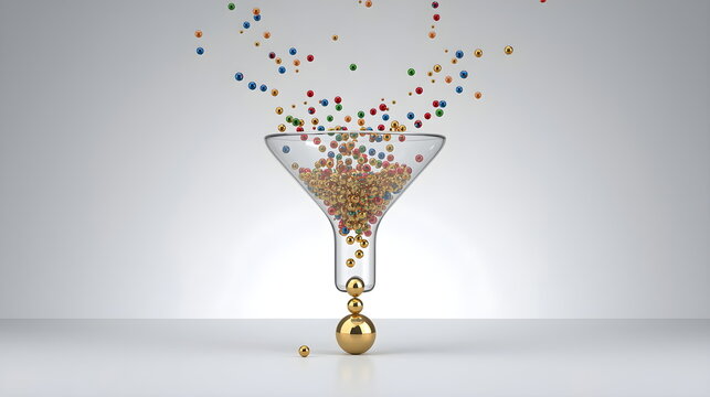 Glass funnel processing small colorful spheres into large golden balls