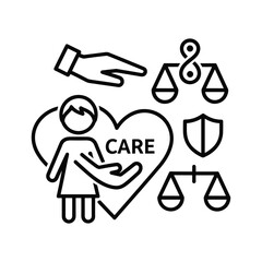 Illustrative concept of care, justice, and human rights with various icons isolated on