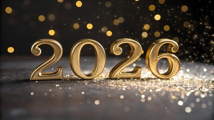 Golden 2026 numbers with bokeh lights and glitter