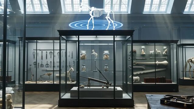 Display of Animal Skeletons and Artifacts in a Museum Exhibit