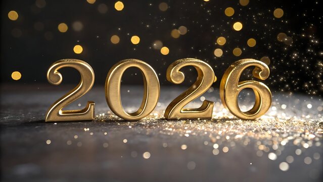 Golden 2026 numbers with bokeh lights and glitter
