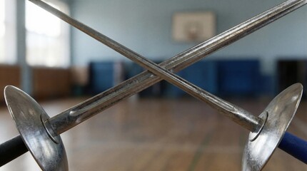 Two crossed fencing swords positioned on a wooden floor in a gymnasium, showcasing the sport's equipment and emphasizing the competitive nature of fencing practice