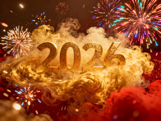 Dynamic 3D Gold 2026 Emerging from Smoke and Clouds with Colorful Fireworks for New Year Celebration and Powerful Event Concept