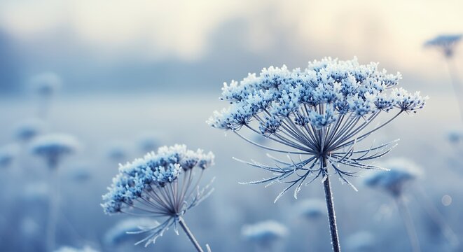 Frozen Queen Annes Lace Flowers in Winter Wonderland Landscape Scenery