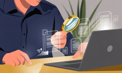 Digital Scrutiny: A focused individual intently examines virtual documents with a magnifying glass, navigating the digital landscape on a laptop.