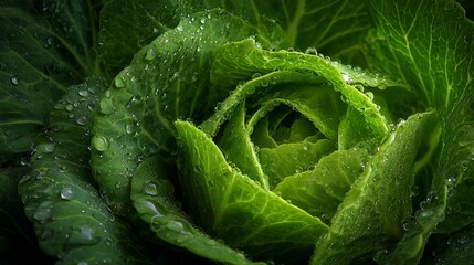 Fototapeta premium Fresh cabbage glistening with morning dew, a vibrant and healthy addition to your culinary creations and wellness campaigns, perfect for food blogs