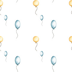Seamless pattern with balloons in blue and beige colors. Watercolor hand drawn illustration of floating balloons for festive decorations, kids wallpaper and wrapping paper. Ornament for kids goods