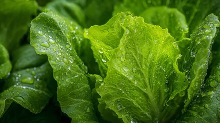 Crisp green lettuce glistening with fresh morning dew drops ready for a healthy salad, a vibrant and refreshing addition to any meal for wellness content