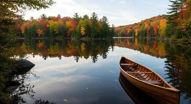 Peaceful autumn scene with canoe on calm lake and colorful foliage