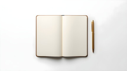 Open blank notebook and gold pen on white background flat lay
