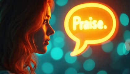 Young woman looks at speech bubble with praise text. Glowing orange chat icon. Person near bubble tells about good feedback. Female client shares positive testimonials. Great service reputation