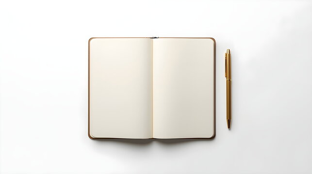 Open blank notebook and gold pen on white background flat lay