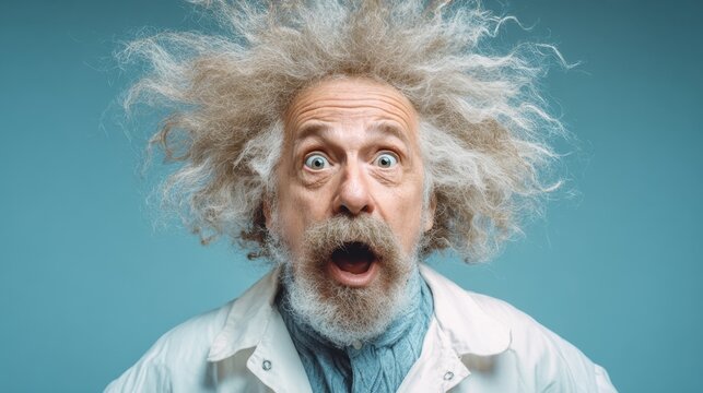 A scientist expresses astonishment with messy hair and wide eyes against a vibrant blue background.