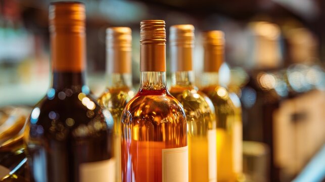 Warm colors of wine bottles sparkle under bar lights creating a cozy atmosphere for drinks.