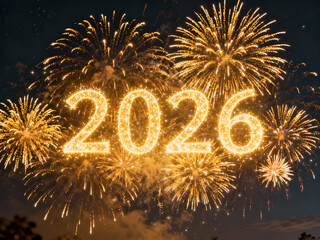 Glowing Illuminated 2026 Set Against a Spectacular Golden Firework Display in the Night Sky for New Year's Eve Celebration