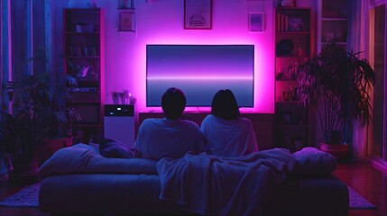 Couple relaxing at home watching TV in a modern living room with soft neon lighting creating a cozy and romantic atmosphere for streaming movies