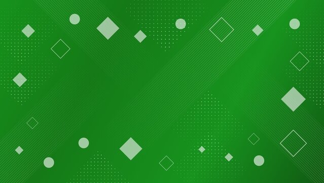 A modern abstract background features a scattered arrangement of white geometric shapes, diagonal lines, and halftone dots on a vibrant green gradient surface, creating a fresh and dynamic design.