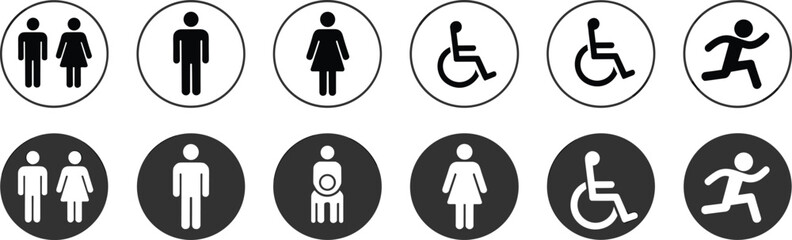Collection of ten circular icons for men women disabled and running figures in black and white Keywords: icon, symbol, pictogram