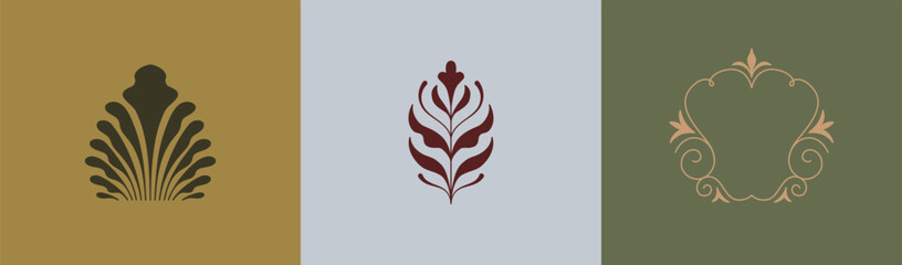 Vector set of logo design templates and graphic elements, organic cosmetics, floral illustration in simple linear hand drawn style, plants and flowers, natural products emblems