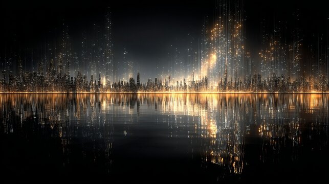 Futuristic cityscape reflected in water with a stunning glow, perfect for technology, finance, and innovation brands seeking a modern, dynamic visual