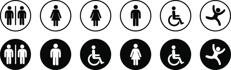 Ten circular icons representing gender accessibility and activity in black and white Keywords: icon, symbol, pictogram, men