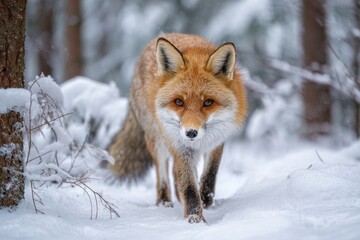Winter Scene With Red Fox Walking Through Snow in a Serene Forest Setting