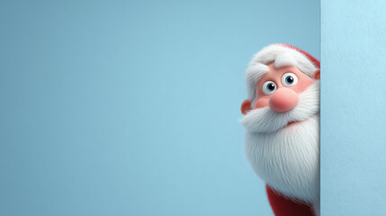 Papá Noel de dibujos animados mirando a cámara asomandose detras de una pared con fondo azul con espacio vacio. Concepto fiestas y celebraciones navideñas