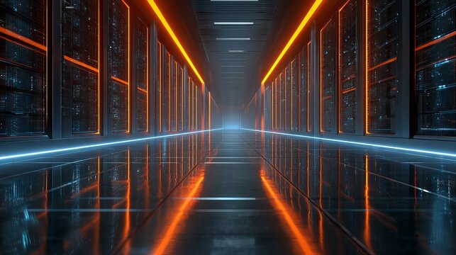 Modern server room with vibrant orange and blue neon lighting, showcasing cutting-edge technology and data center infrastructure for futuristic solutions