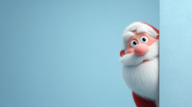 Pap&aacute; Noel de dibujos animados mirando a c&aacute;mara asomandose detras de una pared con fondo azul con espacio vacio. Concepto fiestas y celebraciones navide&ntilde;as