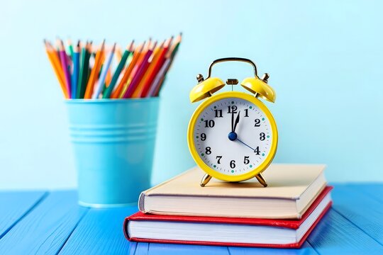 Yellow Alarm Clock on Stack of Books with Pencils - Back to School Concept