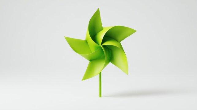 A vibrant green pinwheel stands upright catching gentle breezes in a bright setting.