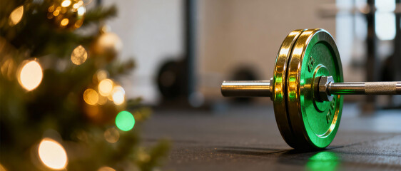Chromed barbell bar with bright weight plate on dark gym background, next to blurred Christmas tree with golden lights.