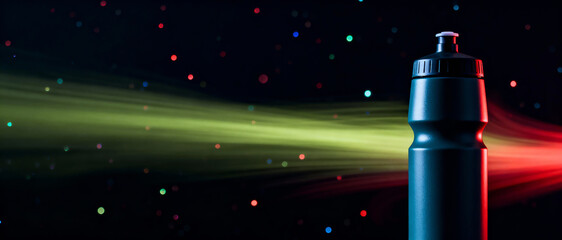 Dark sport water bottle against background of bright multi-colored light rays and flares, creating dynamic and festive workout or energy atmosphere.