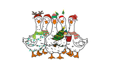 Cute Christmas Geese with Santa Hats and String Lights illustration Sublimation Design