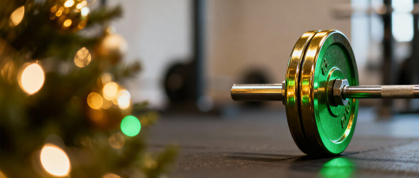 Chromed barbell bar with bright weight plate on dark gym background, next to blurred Christmas tree with golden lights.