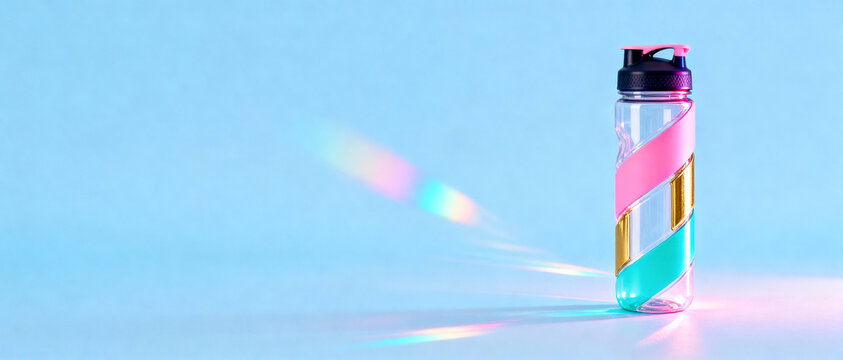 Clear sports water bottle with pink, gold, and turquoise spiral bands, standing on light blue background with rainbow light flares from prismatic light refraction. - Powered by Adobe