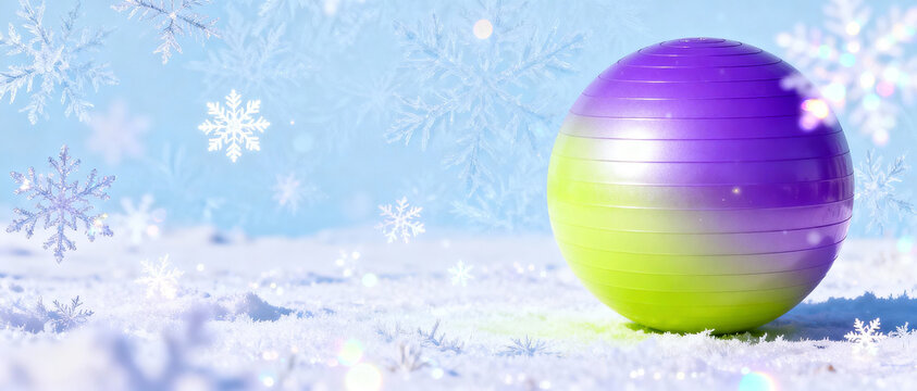 Bright green and purple exercise ball (stability ball) stands in snow with frosted trees and large snowflakes in background, emphasizing winter sports theme. - Powered by Adobe