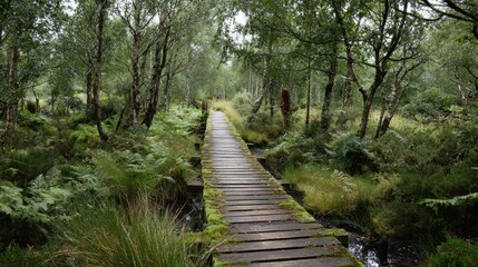Obraz premium A wooden pathway leads through thick greenery and trees offering a peaceful escape into nature.