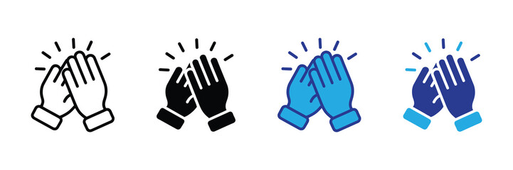 Set of clapping hands icons in black, white, and blue variations, isolated on a white background, symbolizing applause, celebration, and recognition.