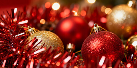 Close-up of red and gold Christmas baubles set against red tinsel. Bright and sparkling festive background for a holiday card.