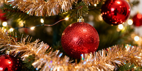 Red glittery bauble hanging on a fir tree branch next to gold tinsel and warm lights. Traditional New Year decoration close-up.