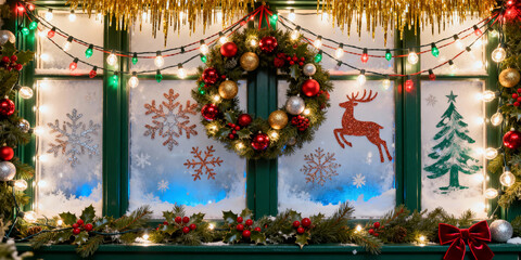 Christmas window display with a wreath, string lights, and snowflake decals on the glass. Festive exterior decor with traditional symbols.
