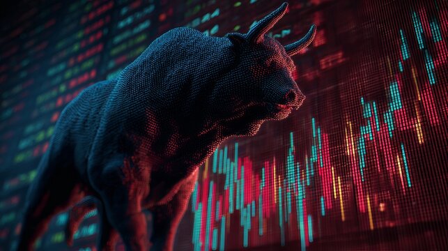 Powerful bull statue symbolizing a bullish stock market trend, set against a vibrant display of financial data and trading activity for investment success